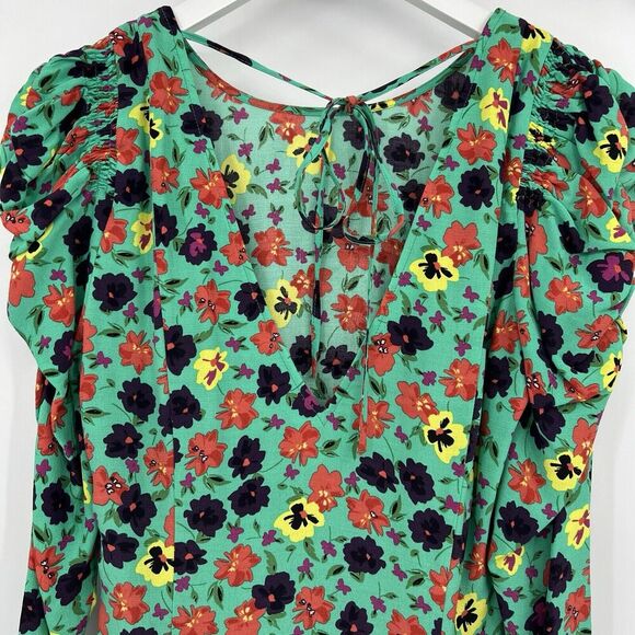 Zara Green Floral‎ Mini Dress 3/4 Length Ruched Sleeves Tie Back Size XS NWT - Picture 6 of 9